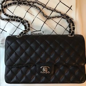 New NIB Chanel Double Flap black caviar leather silver hardware Classic Handbag